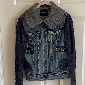 Desigual Denim Jacket with Gray and Blue Lace Accents